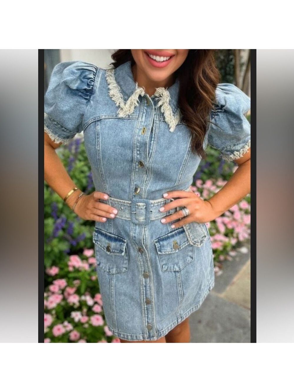 NWT Elliatt Giselle Denim Day Dress Button Front Belt Frayed Size Small - Picture 2 of 11